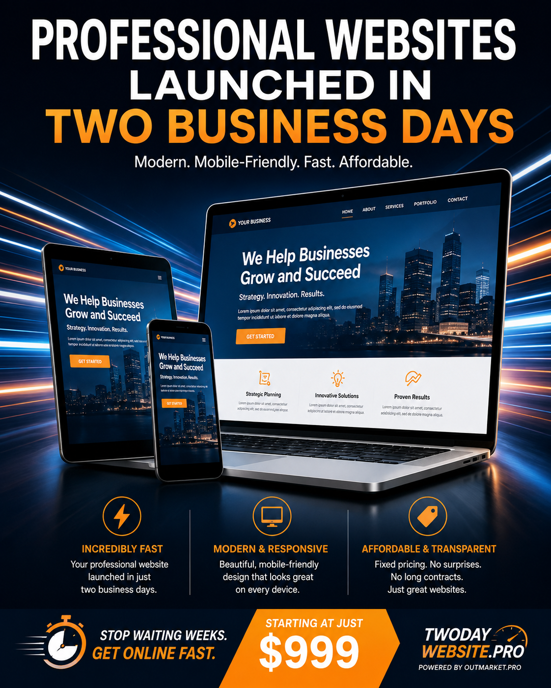 Professional websites launched in two business days — modern, mobile-friendly, fast, affordable. Starting at $999.